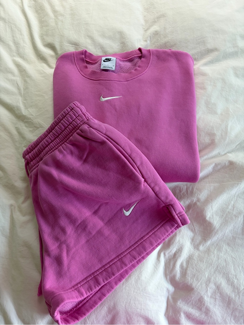 Nike Hot Pink Sweatshirt and Shorts Set with White Swoosh
